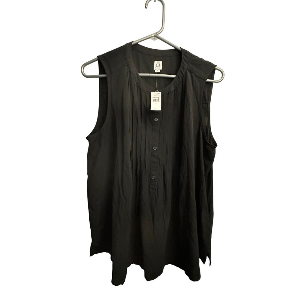 GAP Sleeveless Pintuck Blouse Top Half Button Rayon Black Size Medium NWT